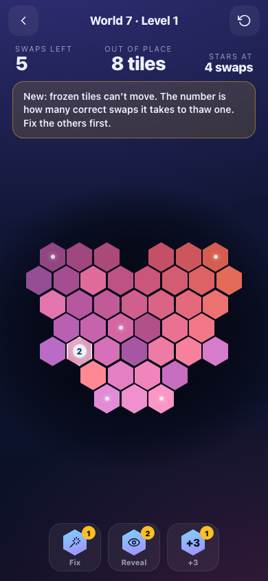 A heart-shaped Hex board with one frozen tile